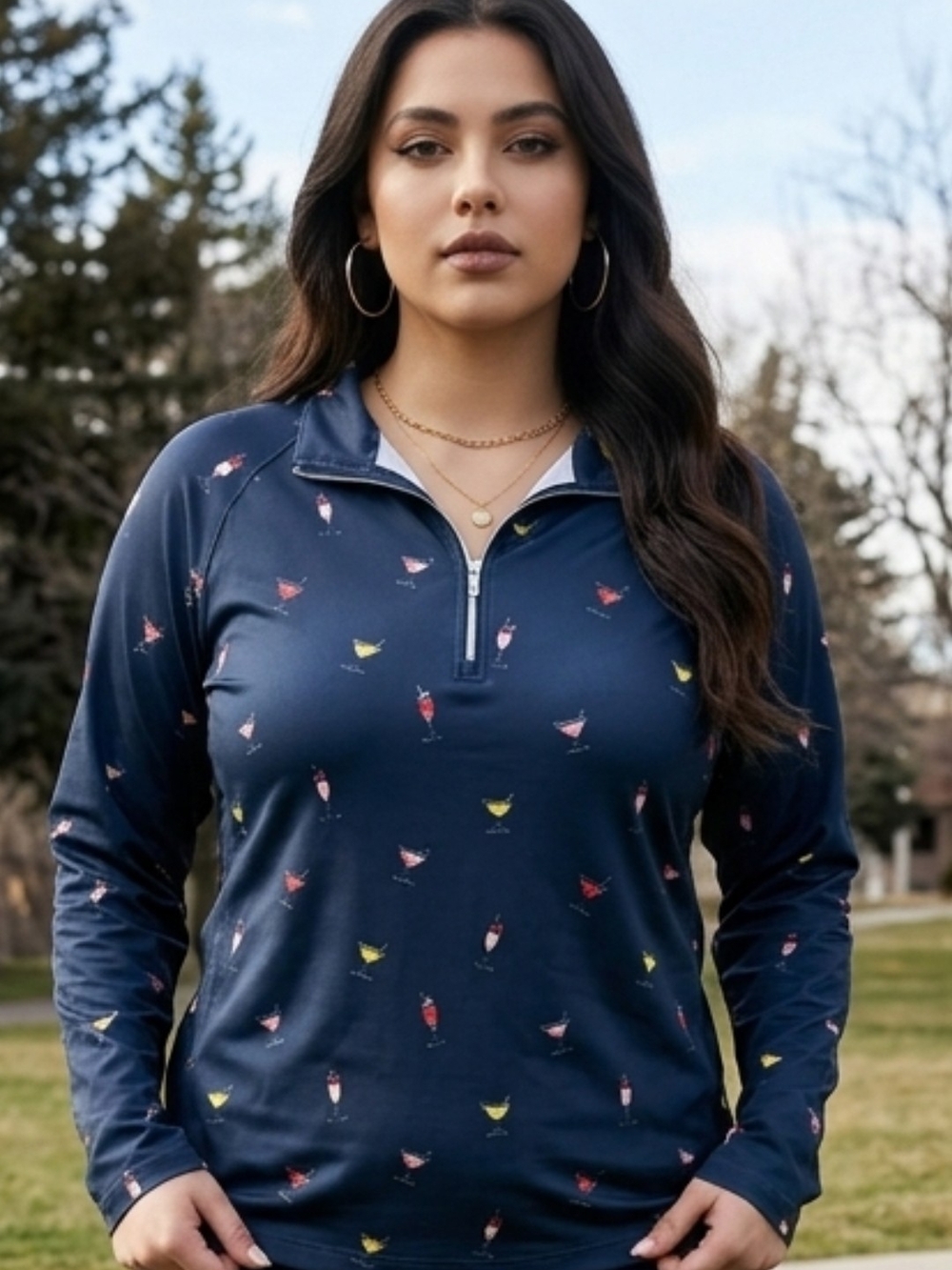Lady Hagen Navy Long-Sleeve Quarter-Zip Top with Cocktail Motif